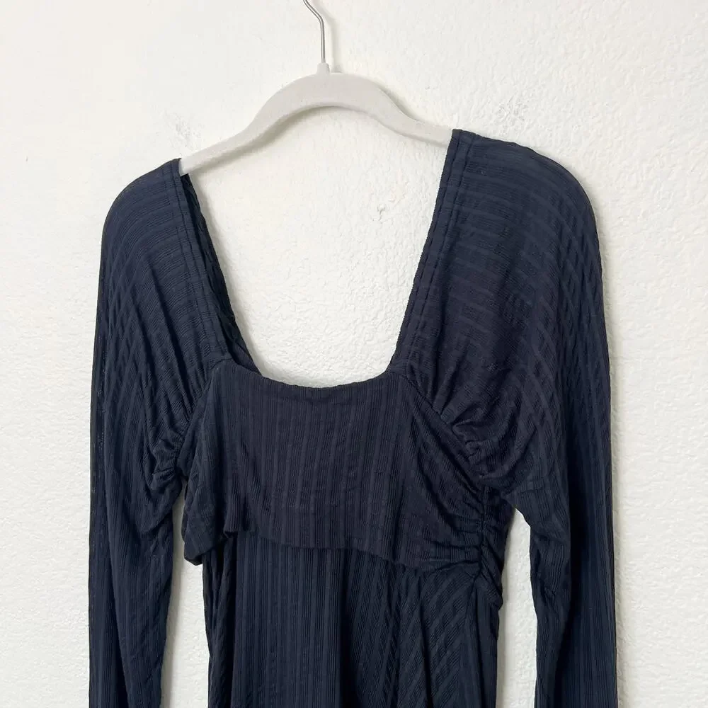 [Free People] Navy Blue Twisted Bust Open Front Slit Long Sleeve Top Sz Medium M